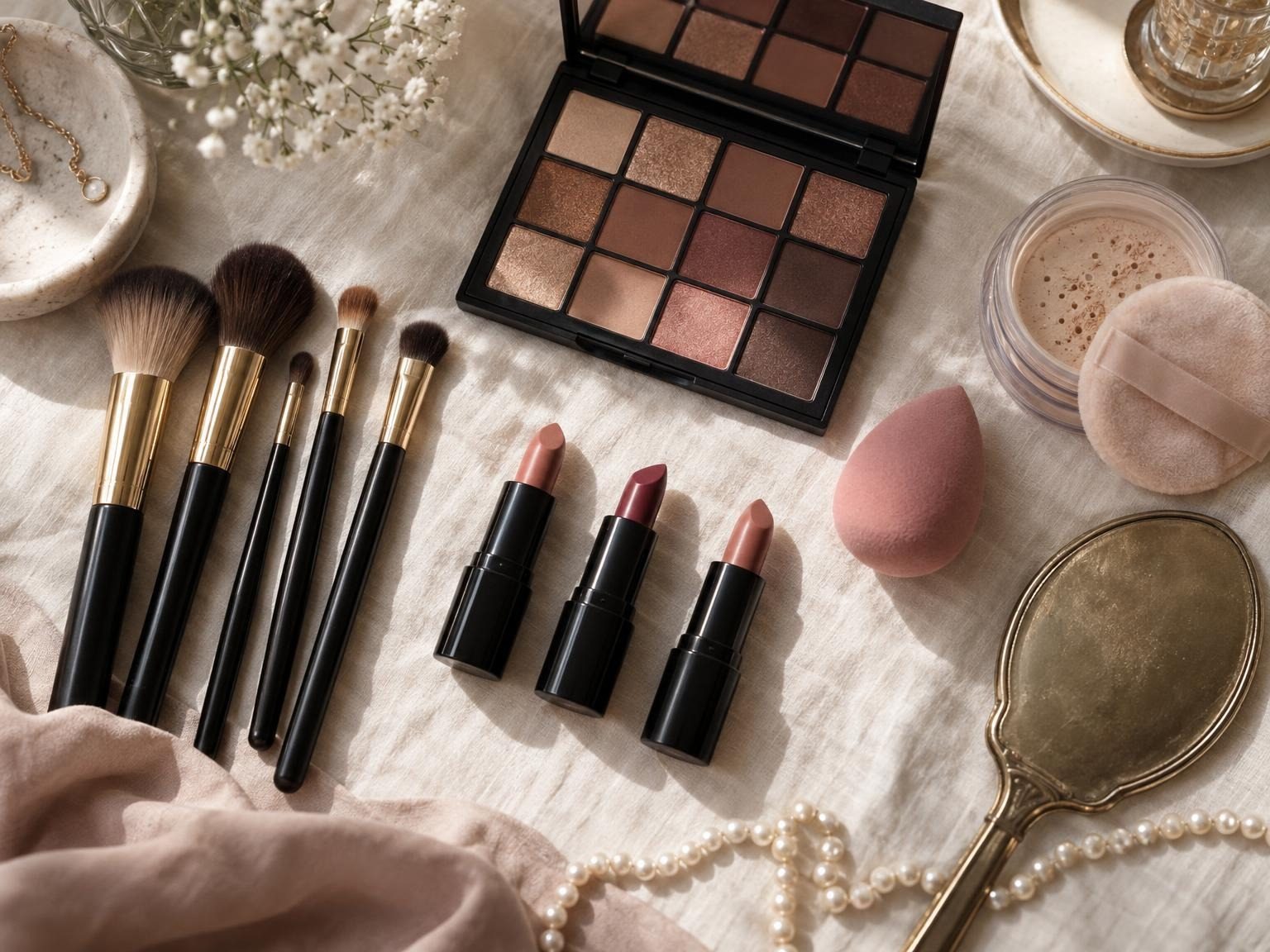 Brushes, an eyeshadow palette, lipsticks and a strand of pearls laid out on linen