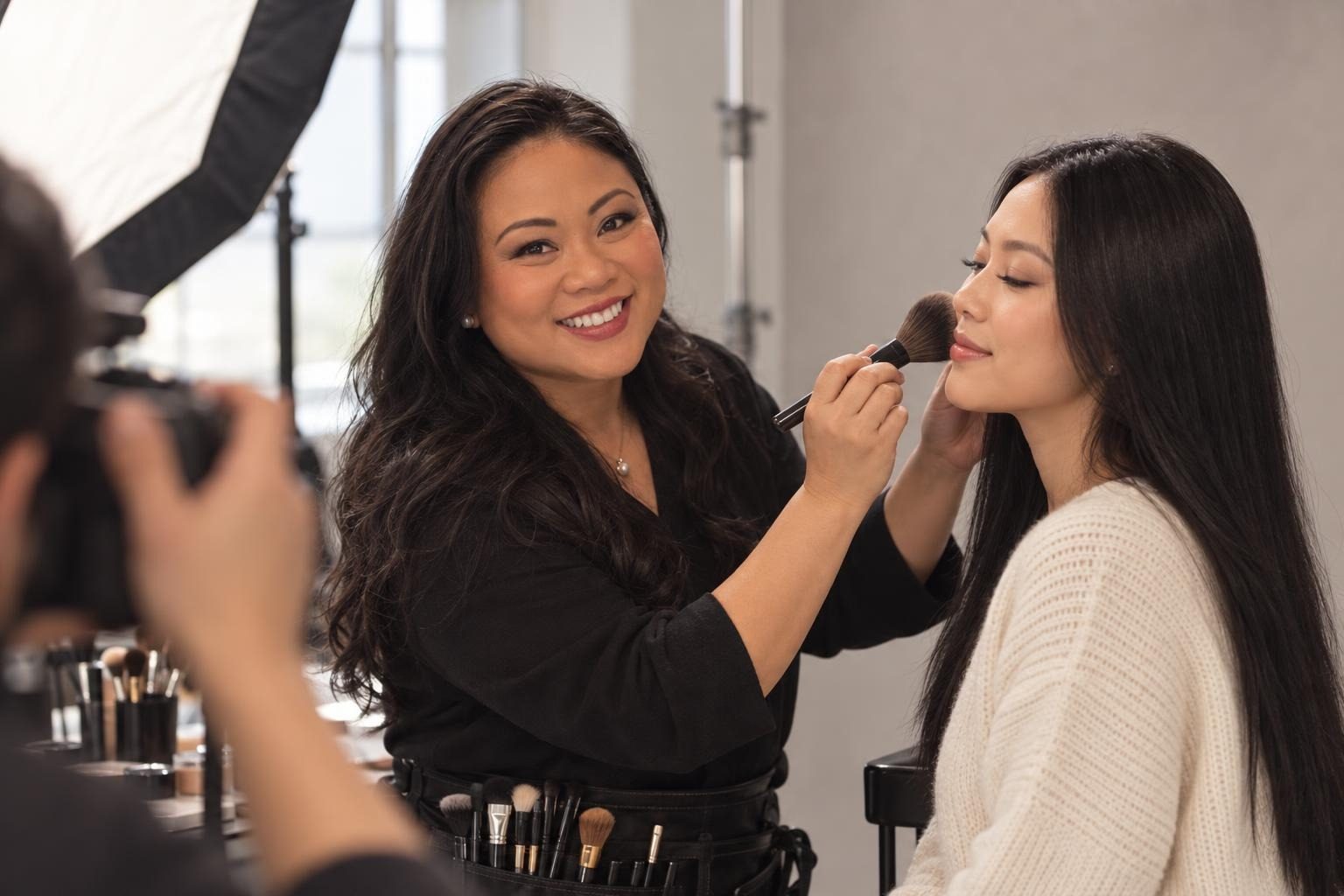 Linh doing a powder touch-up on a model between shots at a photo shoot